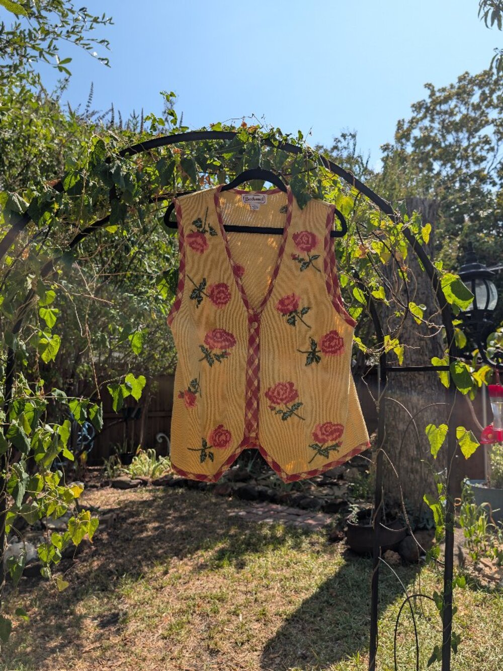 Vintage Bechamel Yellow Rose Knit Vest L Cottagecore Gingham Trim